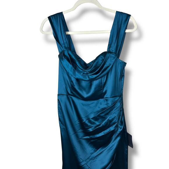 Lulus NWT Stunning Arrival Dark Teal Satin Off-the-Shoulder Maxi Dress Medium - Picture 5 of 10